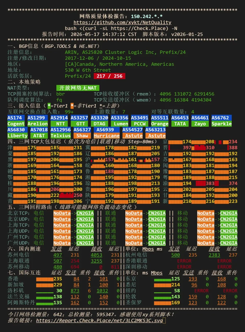 搬瓦工 CABC6 网络质量检测