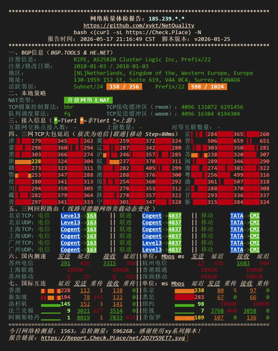 搬瓦工 EUNL2 NodeQuality 网络质量检测
