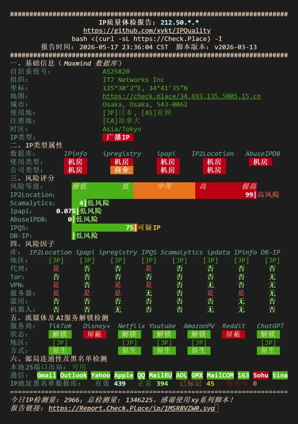 搬瓦工 JPOS1 IP 质量与流媒体解锁检测