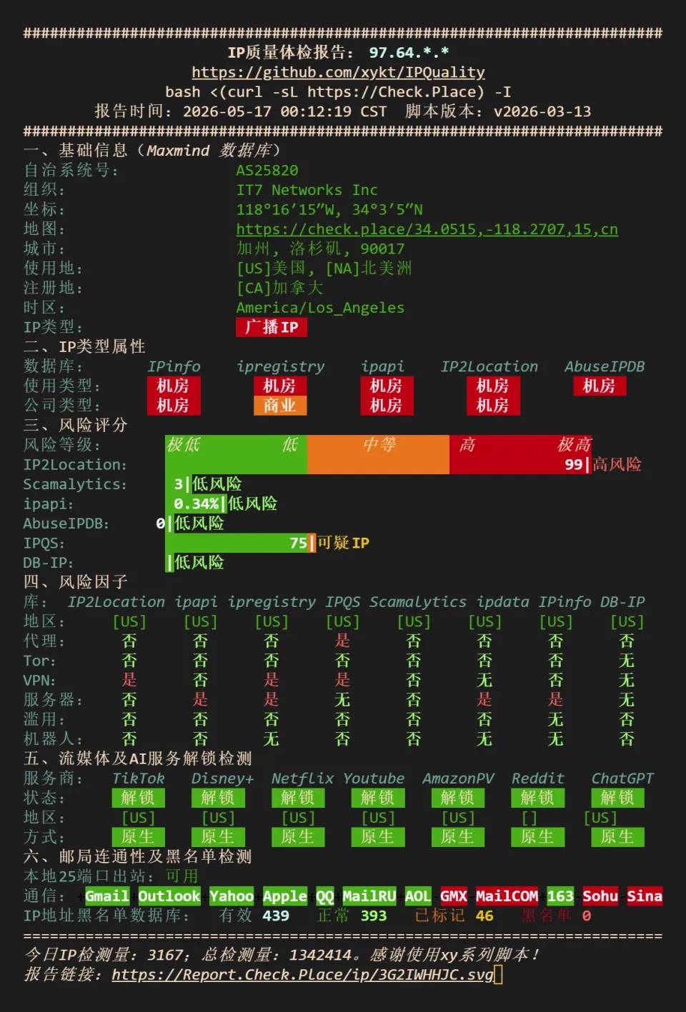 搬瓦工 DC8 ZNET IP 质量与解锁