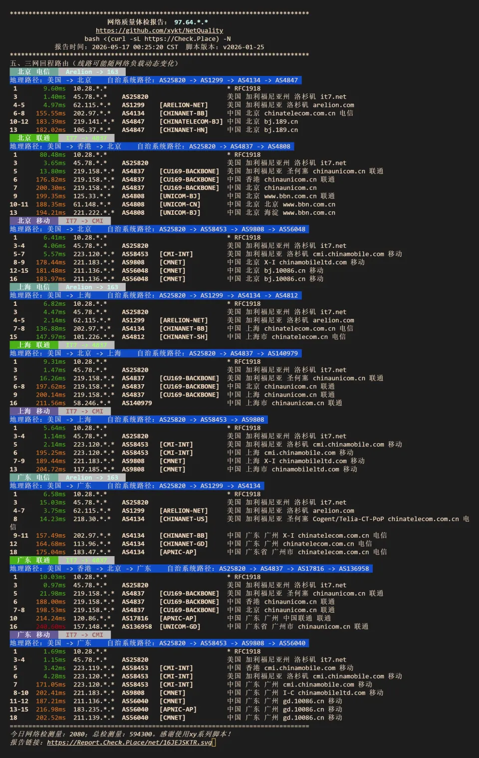 搬瓦工 DC8 ZNET 三网回程路由明细