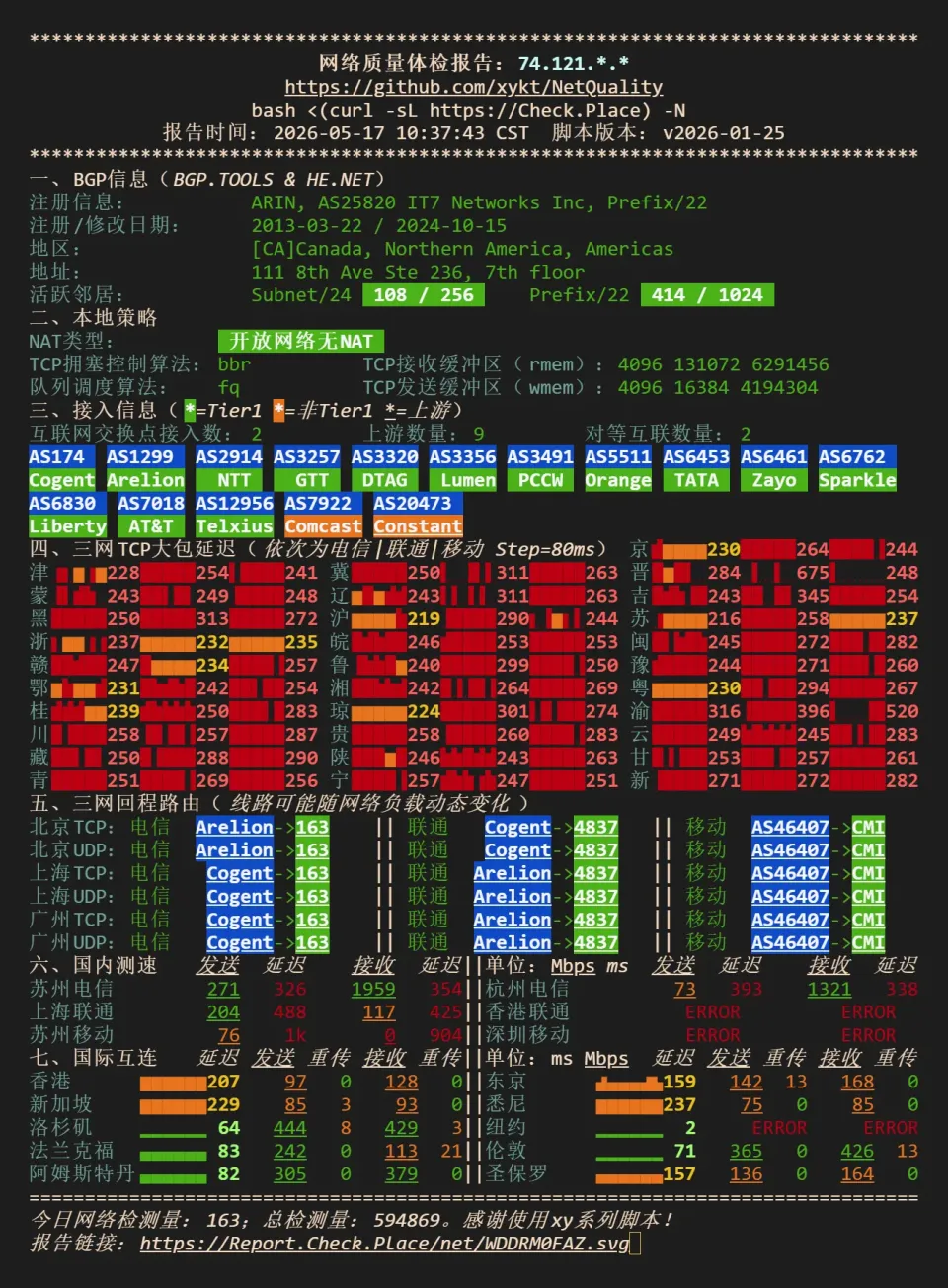 搬瓦工 USNJ 网络质量检测