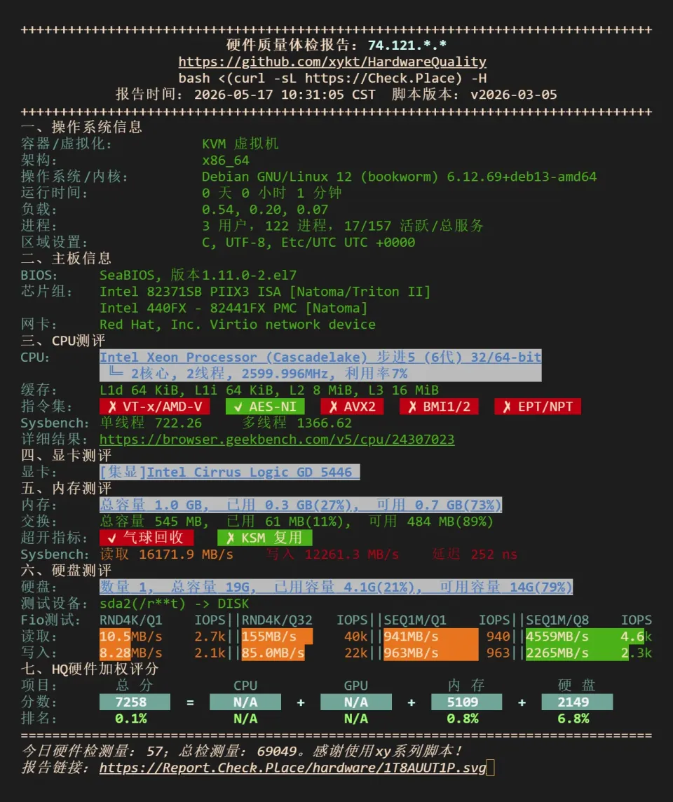 搬瓦工新泽西 USNJ NodeQuality 硬件与磁盘跑分